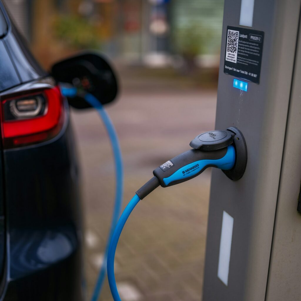 Vehículo eléctrico conectado a un punto de recarga en aparcamiento